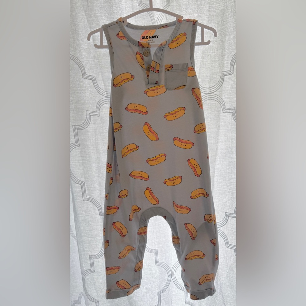Old Navy Gray One-Piece Bodysuit with Yellow & Orange Hot Dog Print